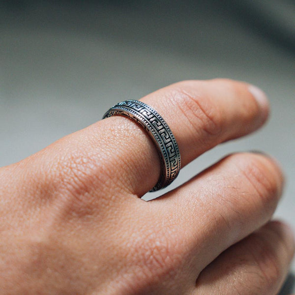 Kosmos Ring - Silver | Greek Key Band Ring For Men - By Twistedpendant