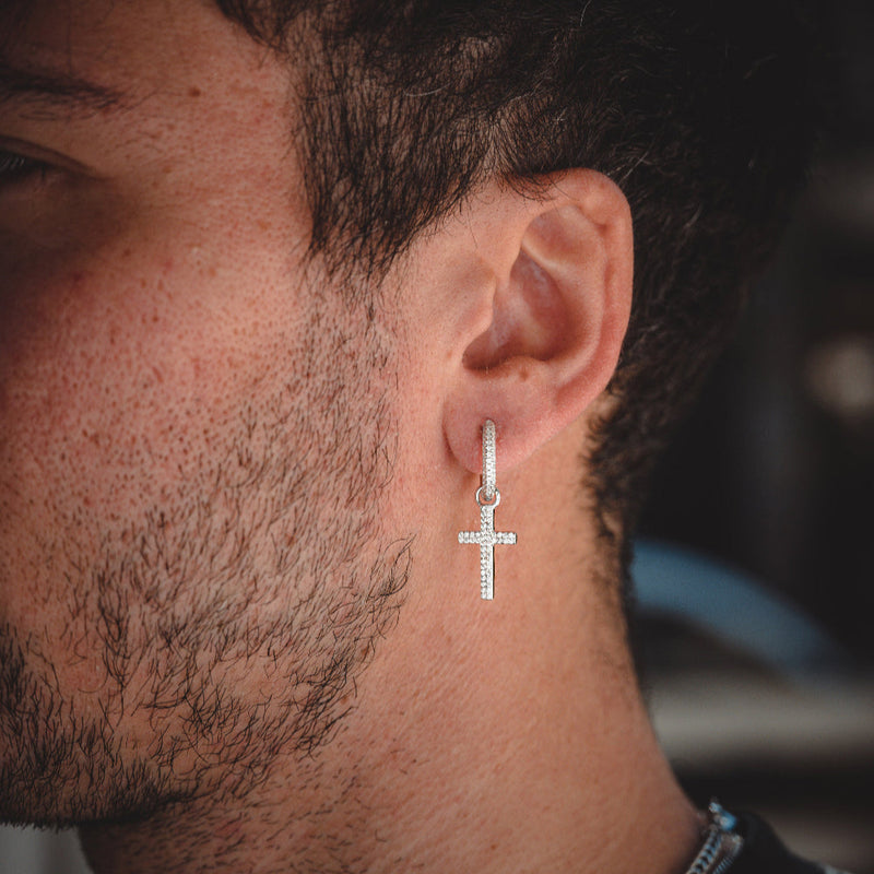 Diamond Cross Dangle Earring - Men's Silver Earings | Twistedpendant