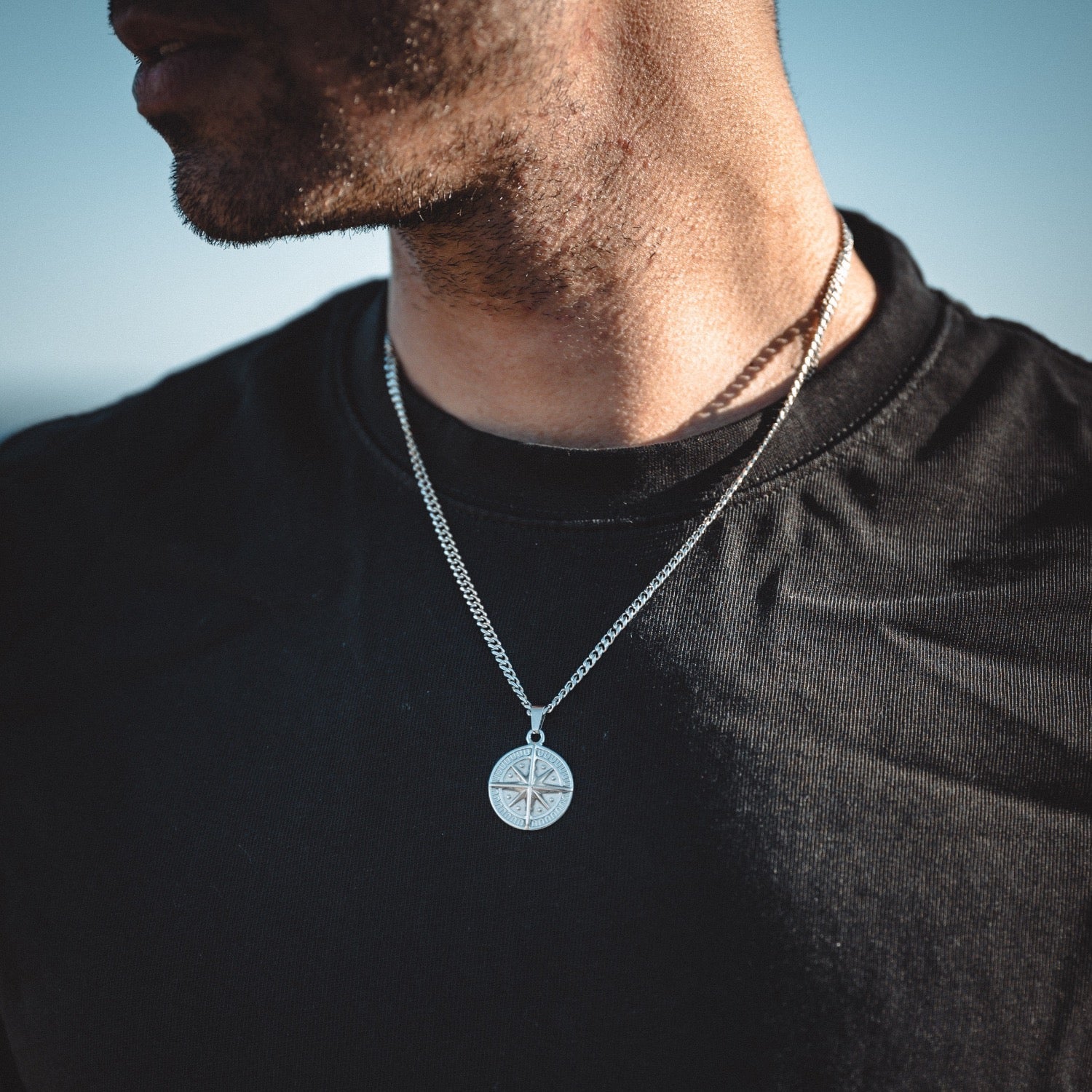 Men's Silver Compass Pendant Necklace - Men's Silver Necklace