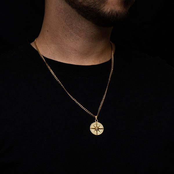 Men's Gold Compass Pendant on 3mm Cuban Chain Necklace | Twistedpendant