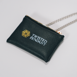 Black leather pouch with 'Twisted Pendant' logo on a light gray background