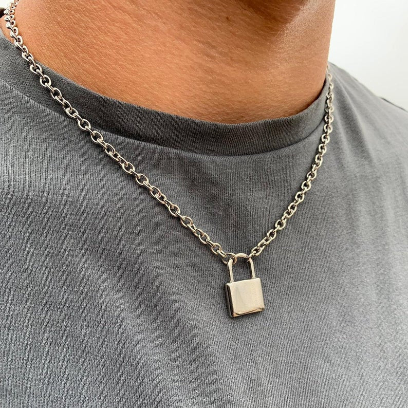 Men's Padlock and Chain - Silver Padlock Necklace By Twistedpendant
