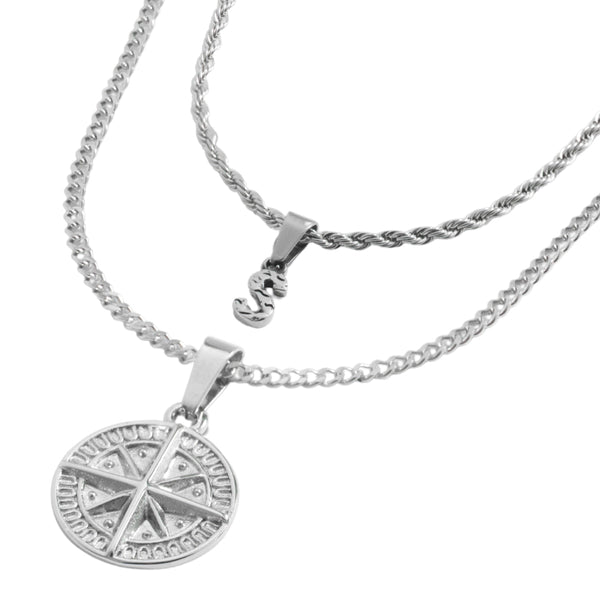 Vintage Initial & Mini Compass Set - (Silver) - Mens Gift Sets - By Twistedpendant