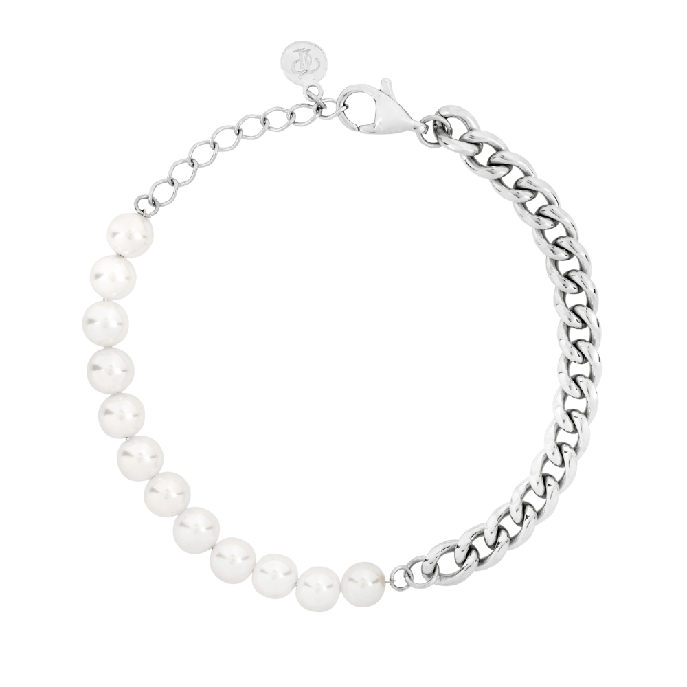 Half Pearl / Silver Cuban Chain - Mens Pearl Bracelet | By Twistedpendant