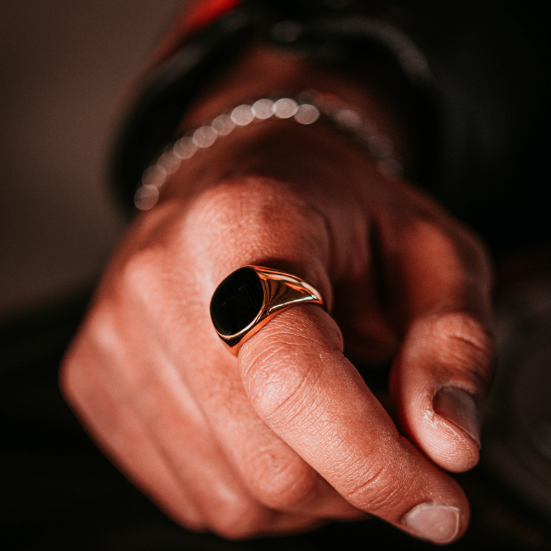 Black Polished Signet Ring - Silver