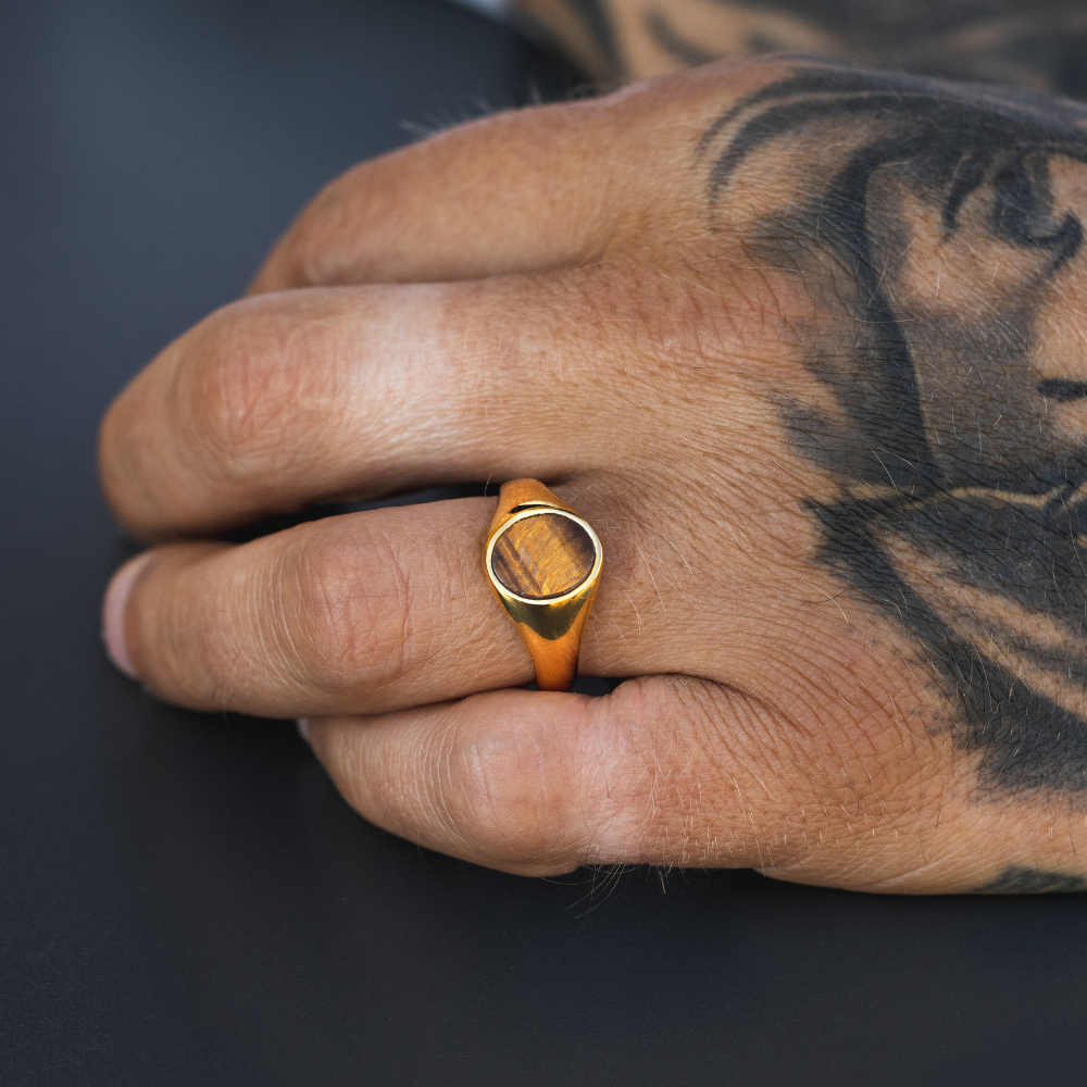 Tigers Eye Signet Ring Men - Mens Gold Signet Ring - By Twistedpendant