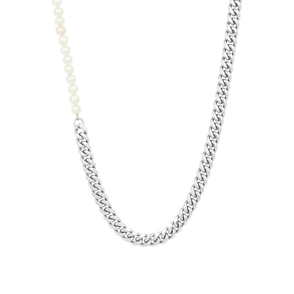 Half Pearl Half Silver Cuban (8MM) - Pearl Necklace Men | Twistedpendant