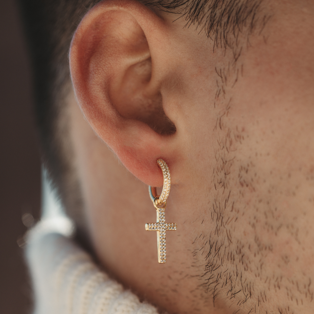 Diamond Cross Dangle Earring - Men's Gold Earings | Twistedpendant