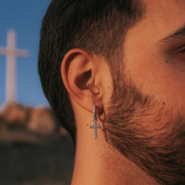 Diamond Cross Dangle Earring - Men's Silver Earings | Twistedpendant
