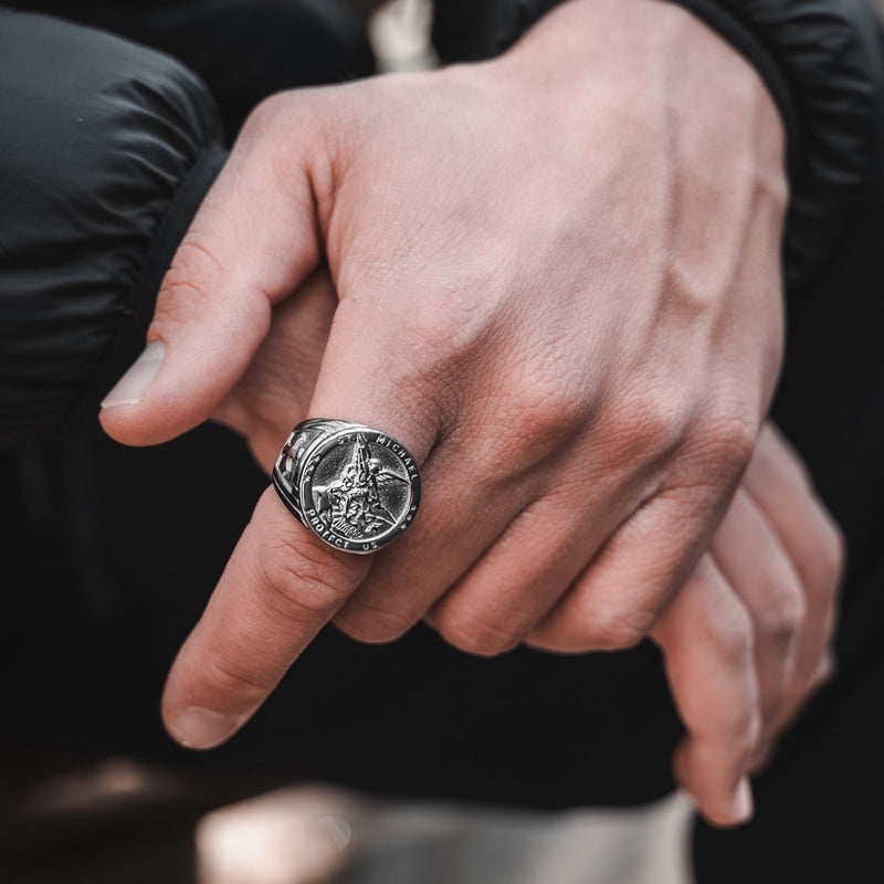 Men's Silver Ring - Buy St Michael Silver Signet Rings | Twistedpendant