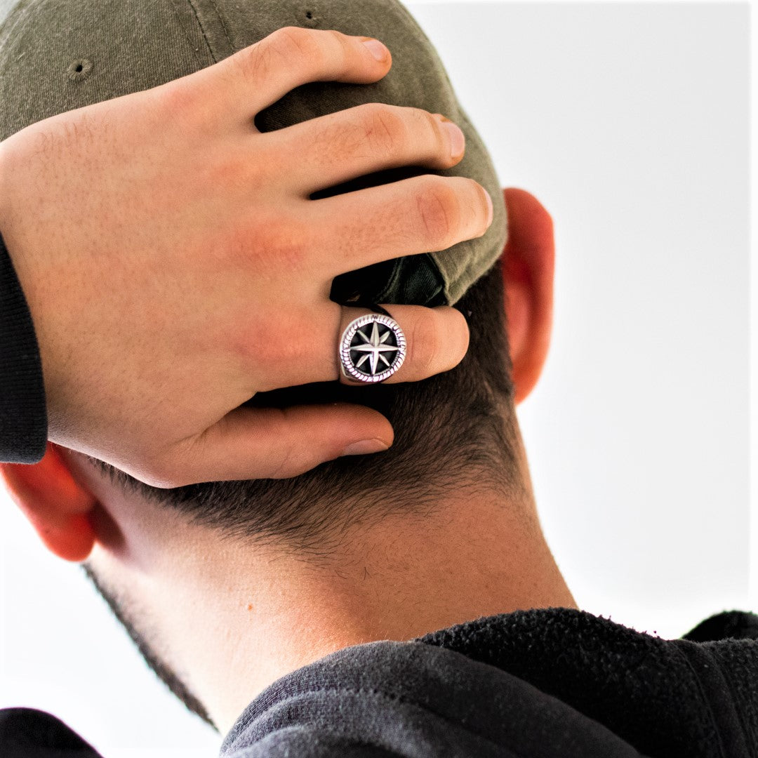 Silver Compass Ring - Mens Silver Signet Rings - By Twistedpendant