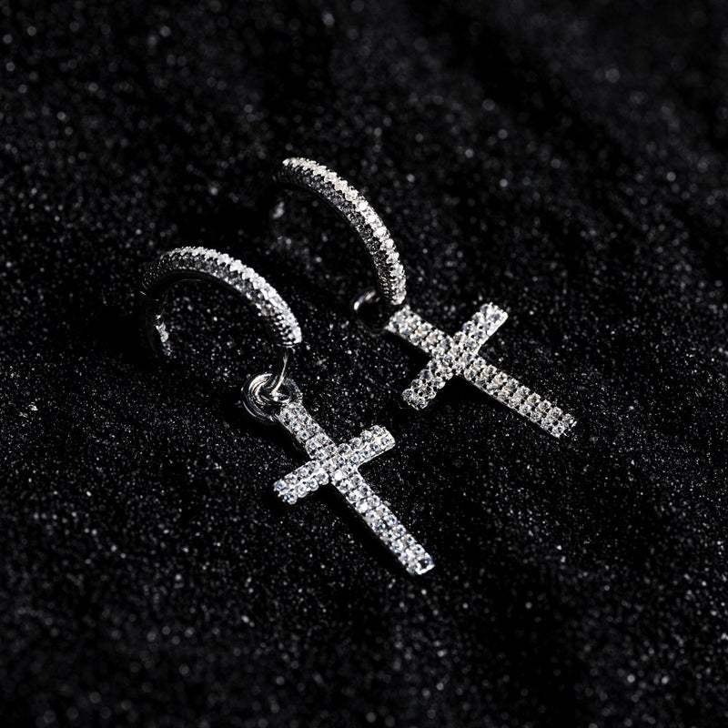 Diamond Cross Dangle Earring - Men's Silver Earings | Twistedpendant