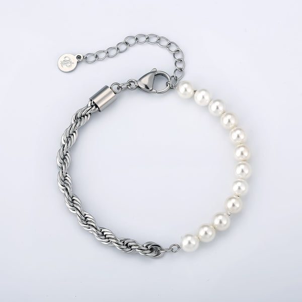 Half Pearl / Silver Rope Chain - Mens Pearl Bracelet | By Twistedpendant