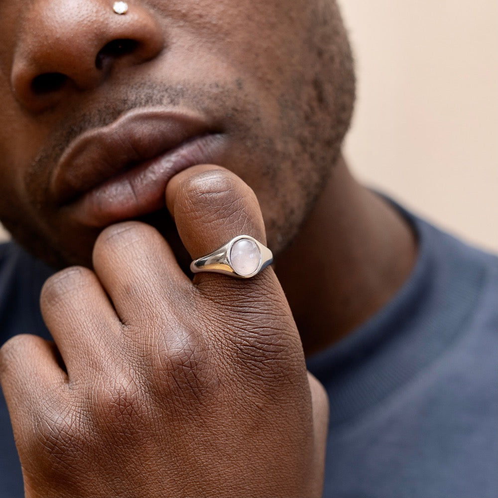 Silver Rose Quartz Signet Ring - Mens Rings | By Twistedpendant